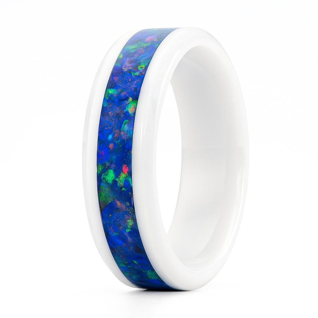 Northern Lights – White Ceramic Ring with Aqua Glow & Blue Opal