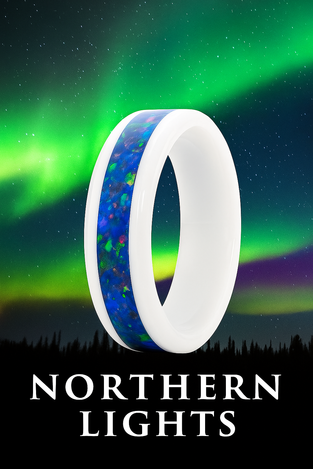 Northern Lights – White Ceramic Ring with Aqua Glow & Blue Opal