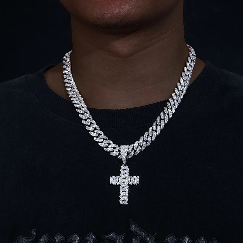 12mm Cuban Chain Men Women Hip Hop Cross Pendant Necklace D VVS Moissanite Iced Out Bling 925 Sterling Silver Necklaces Jewelry