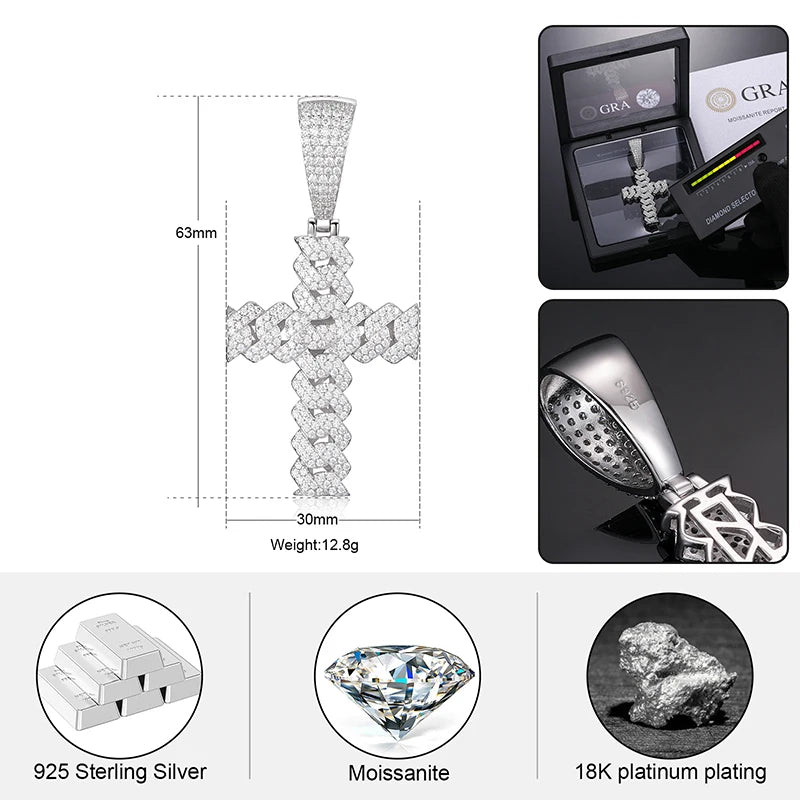 12mm Cuban Chain Men Women Hip Hop Cross Pendant Necklace D VVS Moissanite Iced Out Bling 925 Sterling Silver Necklaces Jewelry