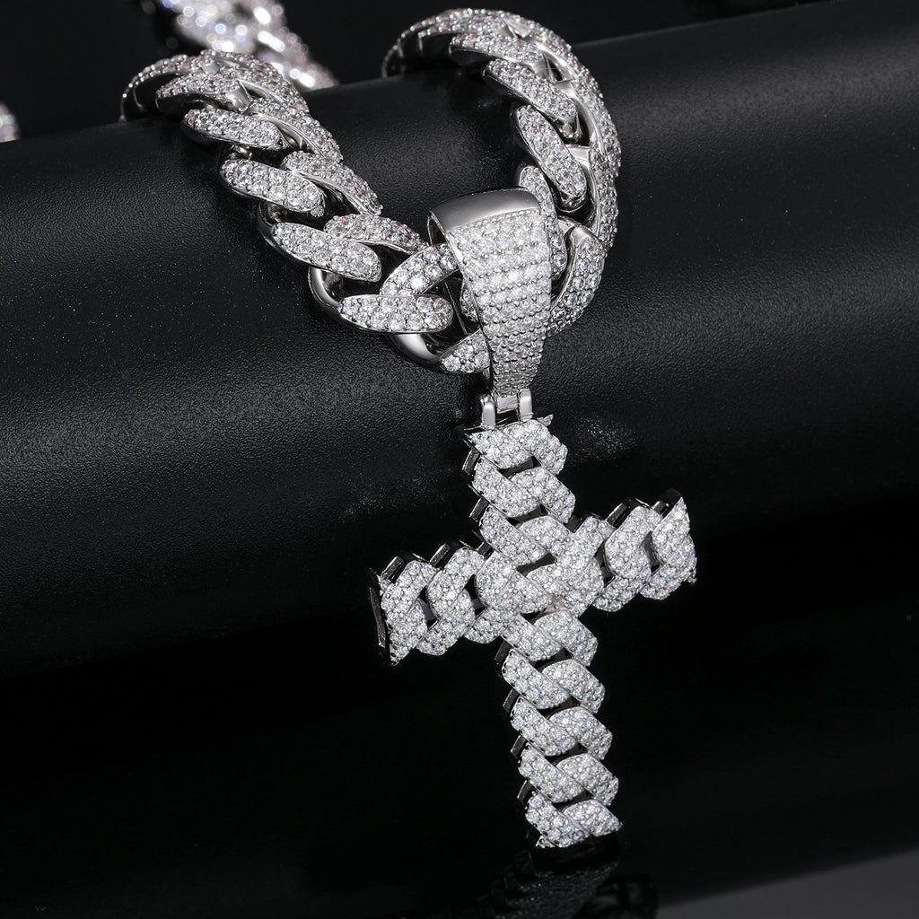 12mm Cuban Chain Men Women Hip Hop Cross Pendant Necklace D VVS Moissanite Iced Out Bling 925 Sterling Silver Necklaces Jewelry