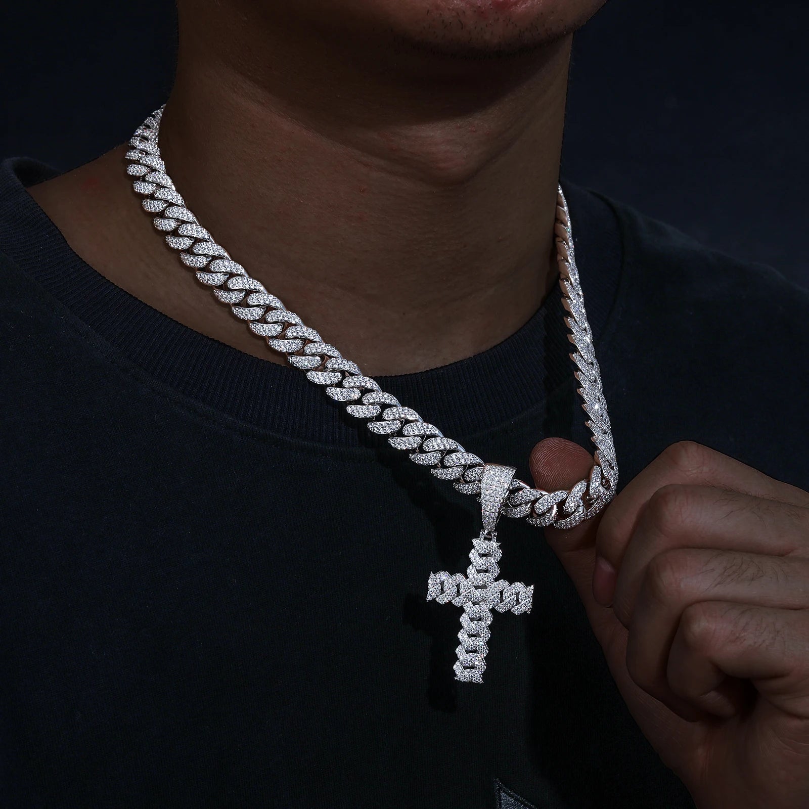 12mm Cuban Chain Men Women Hip Hop Cross Pendant Necklace D VVS Moissanite Iced Out Bling 925 Sterling Silver Necklaces Jewelry