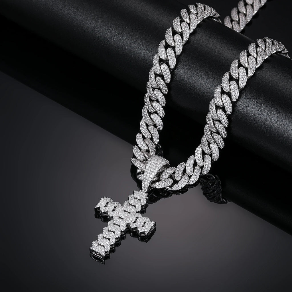 12mm Cuban Chain Men Women Hip Hop Cross Pendant Necklace D VVS Moissanite Iced Out Bling 925 Sterling Silver Necklaces Jewelry