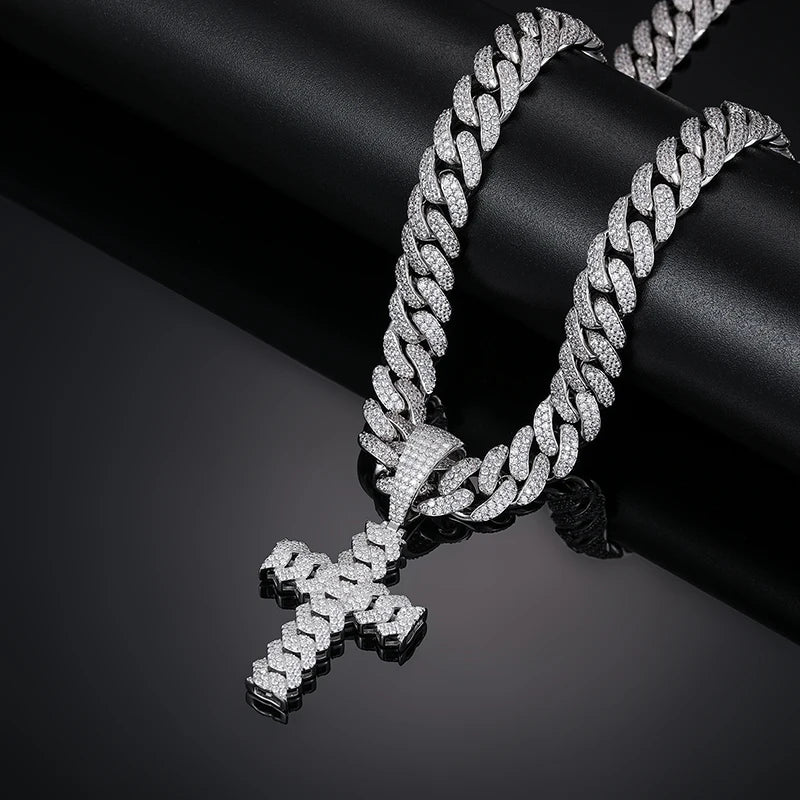 12mm Cuban Chain Men Women Hip Hop Cross Pendant Necklace D VVS Moissanite Iced Out Bling 925 Sterling Silver Necklaces Jewelry