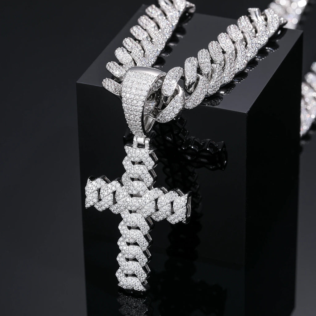12mm Cuban Chain Men Women Hip Hop Cross Pendant Necklace D VVS Moissanite Iced Out Bling 925 Sterling Silver Necklaces Jewelry