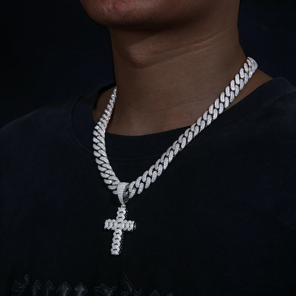 12mm Cuban Chain Men Women Hip Hop Cross Pendant Necklace D VVS Moissanite Iced Out Bling 925 Sterling Silver Necklaces Jewelry