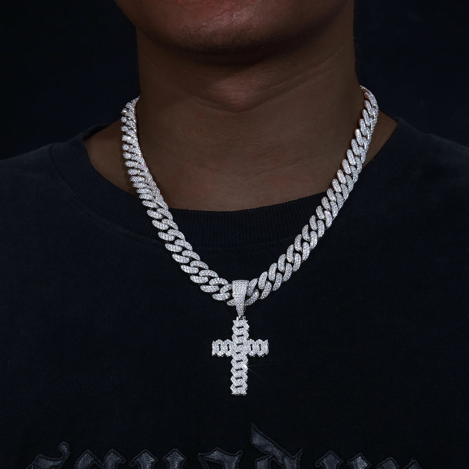 12mm Cuban Chain Men Women Hip Hop Cross Pendant Necklace D VVS Moissanite Iced Out Bling 925 Sterling Silver Necklaces Jewelry