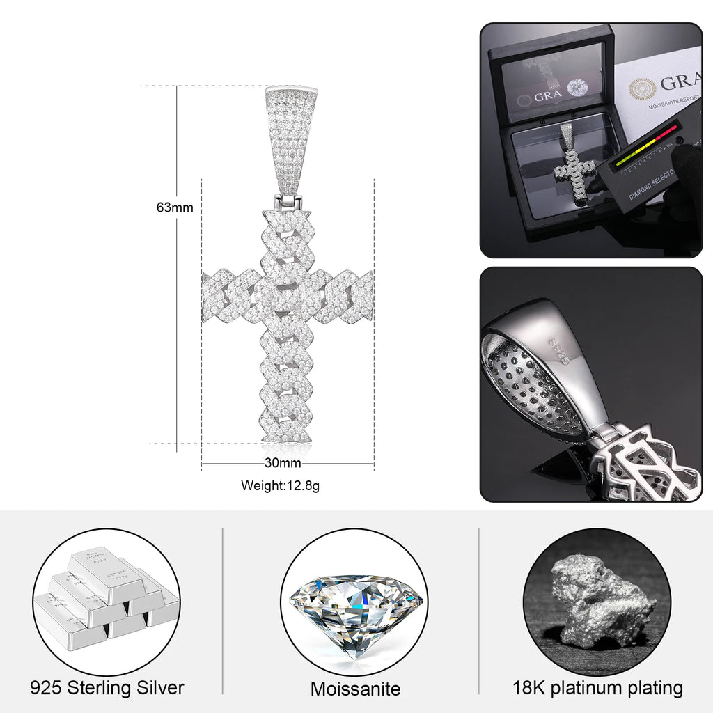 12mm Cuban Chain Men Women Hip Hop Cross Pendant Necklace D VVS Moissanite Iced Out Bling 925 Sterling Silver Necklaces Jewelry